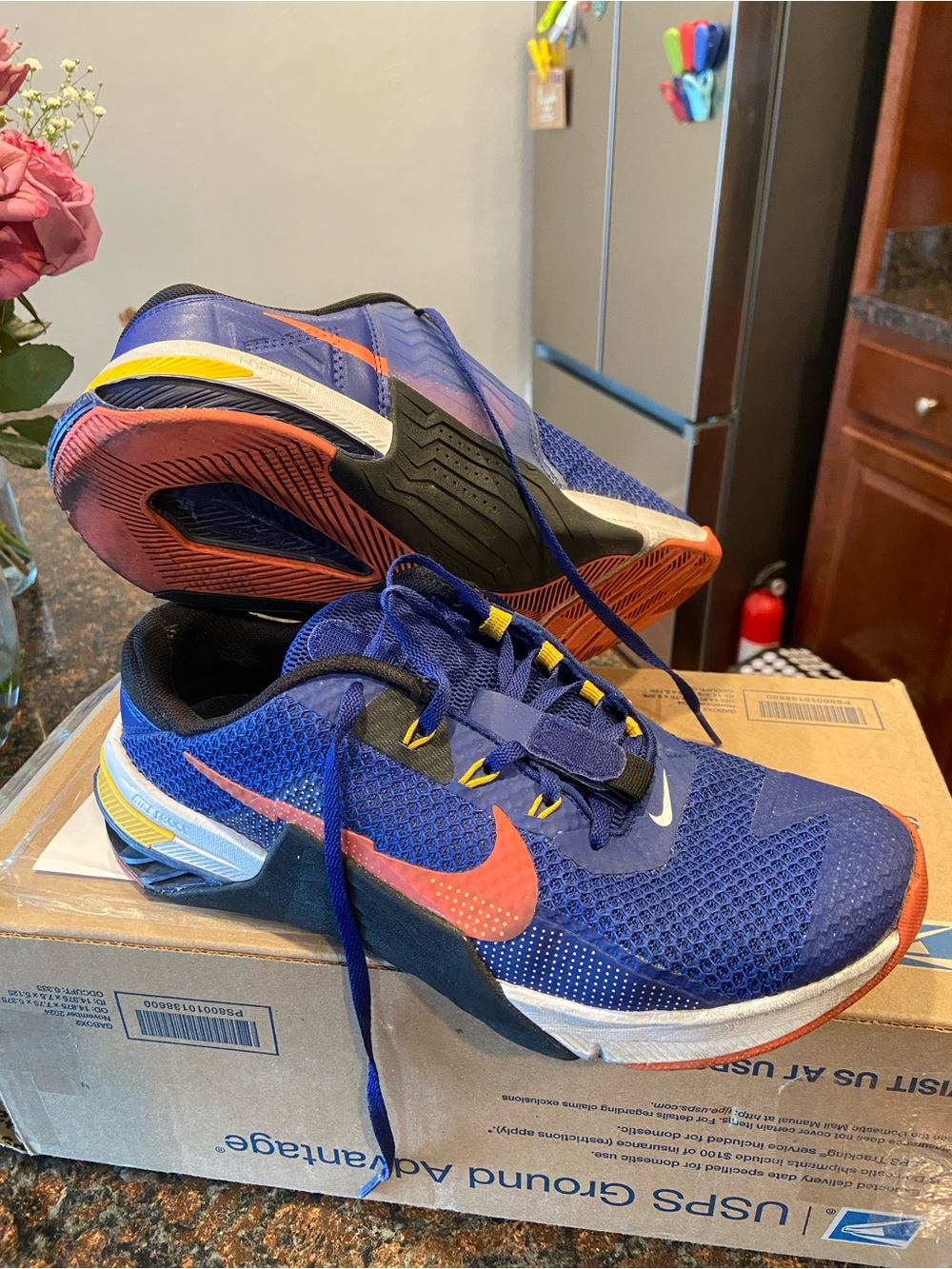 Nike MetCon 7 CrossFit Shoes with Orange Swoosh and Yellow Accents. Men’s 9.5